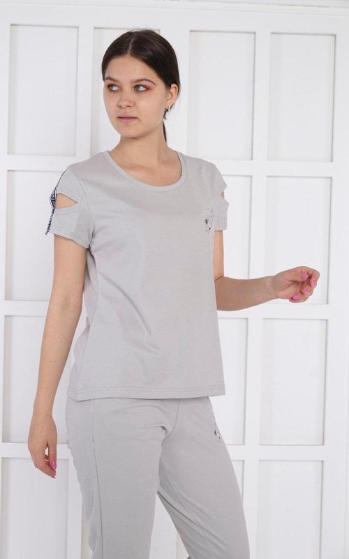 Gri Kadın Nakış Detaylı ABD Pike Nefes Alan T-shirt Takım A3068