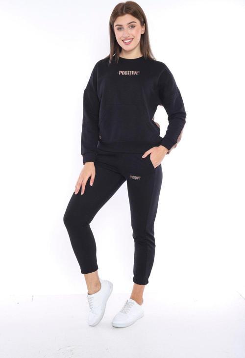Siyah Kadın 3 İplik Nefes Alabilen Spor Casual Sweat Eşofman Takımı A3047