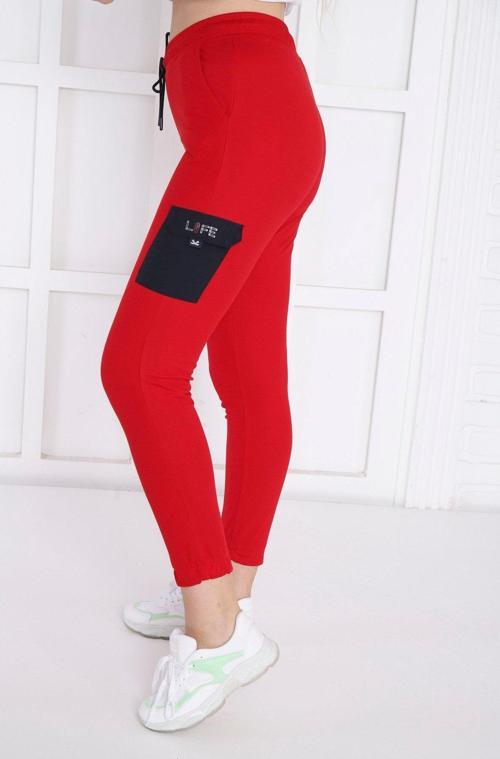 Kırmızı Kadın Dar Lastikli Paça Nefes Alan ABD Pike Spor Slimfit Eşofman Altı B1201