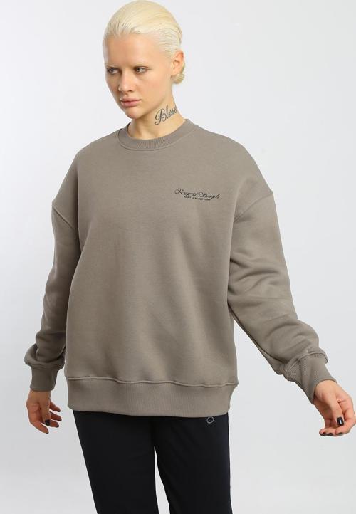 Açık Haki İçi Polarlı 3 İplik Oversize Kadın Sweatshirt T0129