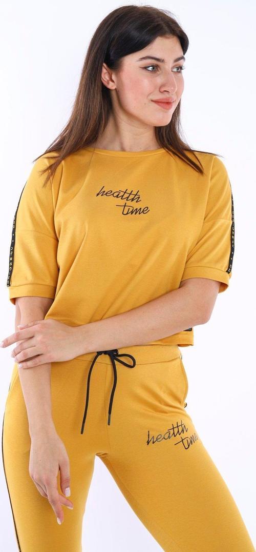 Hardal Kadın Baskı Şerit Detaylı ABD Pike Nefes Alan T-shirt Takım A3000