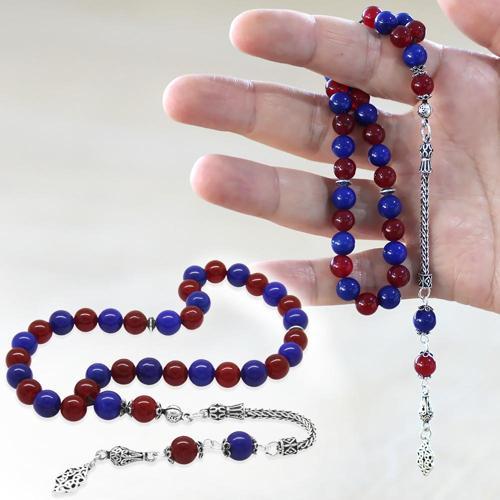 925 Ayar Gümüş Foxtail Zincir Püsküllü Küre Kesim Bordo Mavi Jade Doğaltaş Taraftar Tesbih
