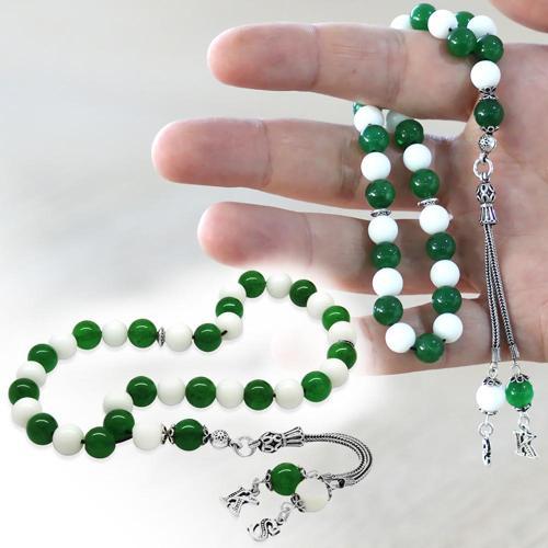 925 Ayar Gümüş Kişiye Özel Harf Püsküllü Küre Kesim Yeşil Beyaz Jade Doğaltaş Taraftar Tesbih
