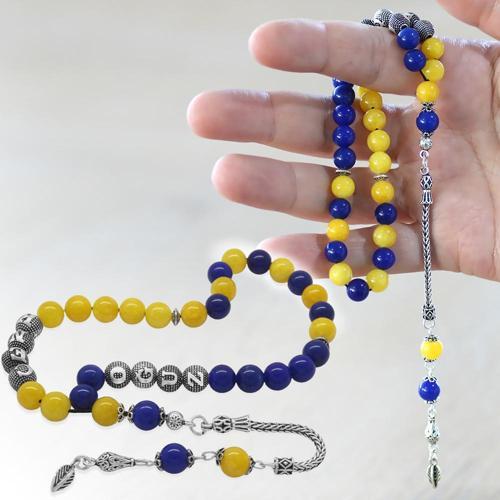 925 Ayar Gümüş Püsküllü Küre Kesim Kişiye Özel İsim Yazılı Sarı Lacivert Jade Doğaltaş Taraftar Tesbih