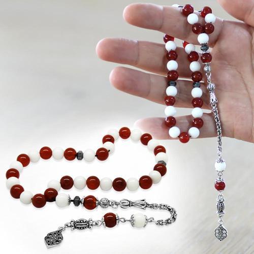 Kararmaz Metal Arnavut Zincir Püsküllü Küre Kesim Kırmızı Beyaz Jade Akik Doğaltaş Taraftar Tesbih M1