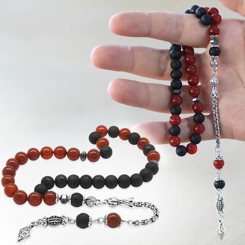 Kararmaz Metal Arnavut Zincir Püsküllü Küre Kesim Kırmızı Siyah Ayyıldız Oniks Akik Doğaltaş Taraftar Tesbih M2