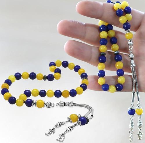 Kararmaz Metal Kişiye Özel Harf Püsküllü Küre Kesim Sarı Lacivert Jade Doğaltaş Taraftar Tesbih