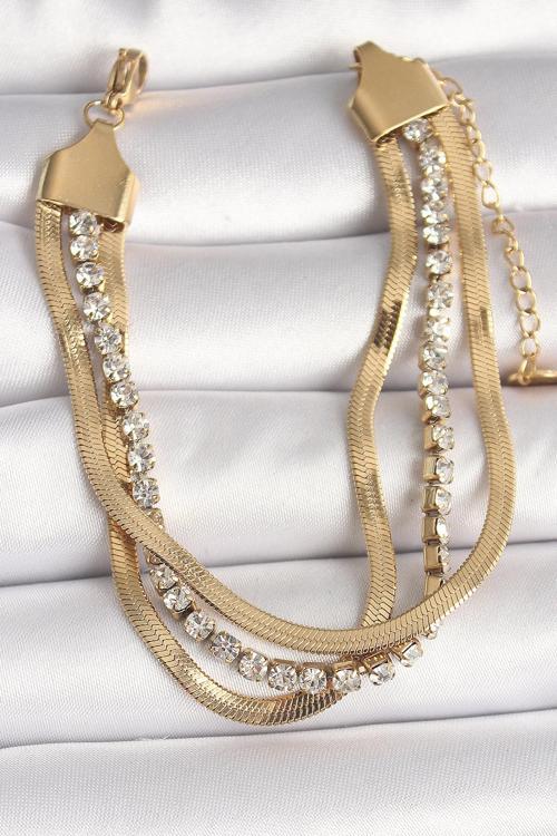 316L Çelik Gold Renk 2'Li İtalyan Zincir Model Zirkon Taşlı Kadın Bileklik - TJ-BB6772