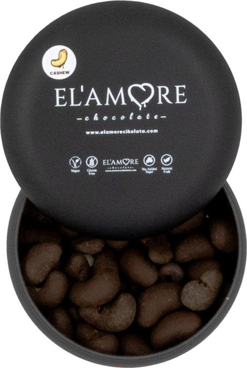 Şeker İlavesiz, Glütensiz, Vegan Kajulu Bitter Çikolata - Siyah Yuvarlak Metal Kutu, 150 Gr