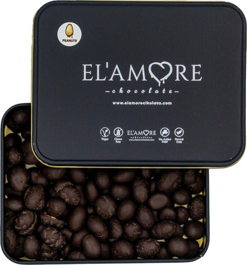 Şeker İlavesiz, Glütensiz, Vegan Yer Fıstıklı Bitter Çikolata - Küçük Kare Metal Kutu, 150 Gr