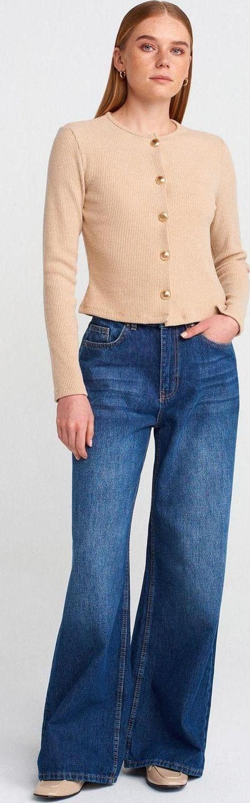 Kadın Dökümlü Kumaş Geniş Lacivert Denim Pantolon - 71784