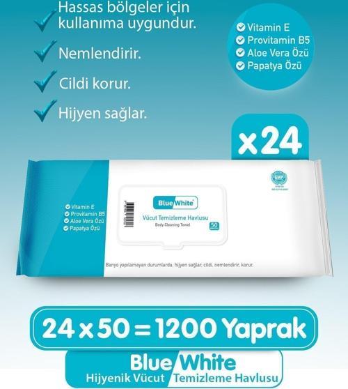 Blue White Yetişkin Hasta Vücut Temizleme Mendil-Havlusu (24 Lü Set) 50 Yaprak Hijyenik