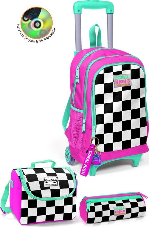 Kids Neon Pembe Dama Desenli Çekçekli 3'lü Çanta Seti SET0123901
