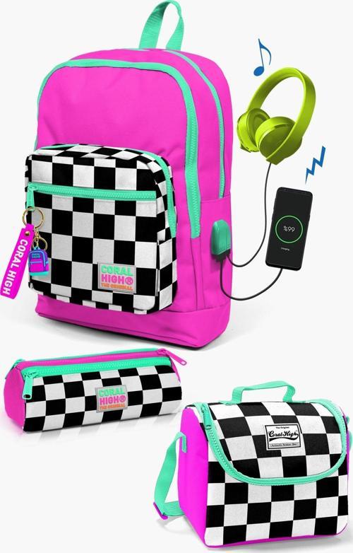 Kids Neon Pembe Dama Desenli USB'li 3’lü Okul Çanta Seti SET0123801