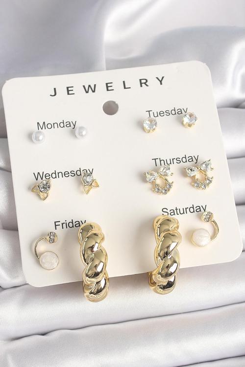 Pirinç Gold Renk Zirkon Taşlı Sarmal Halka Model 7'Li Kadın Küpe Seti - TJ-BKP10324