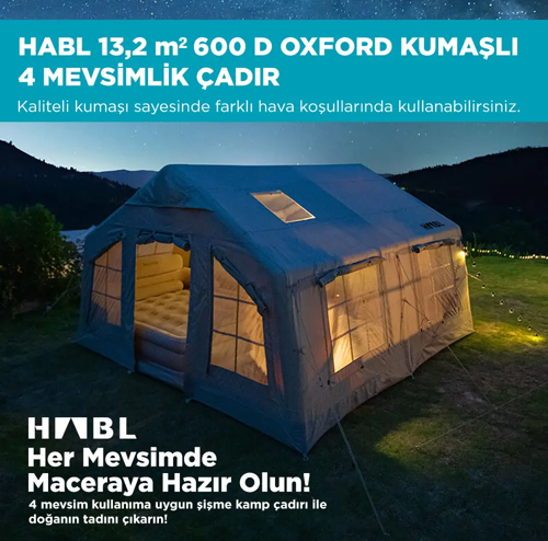 13 Kişilik 13.2m2 Su,Rüzgar ve Kar Geçirmez 600D Oxford Kumaşlı 4 Mevsim Şişme Çadır 367*360*220cm