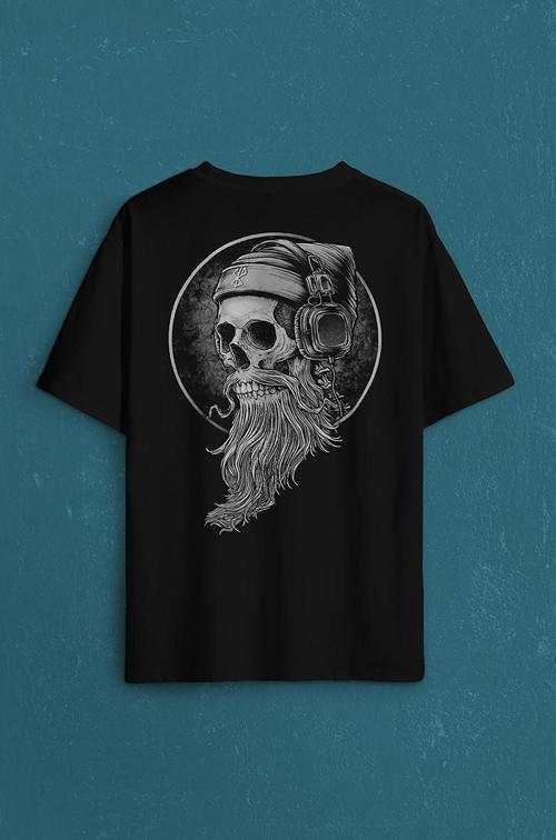 Skull Kuru Kafa Kulaklık Listen Music Baskılı Oversize Tişört Unisex T-Shirt