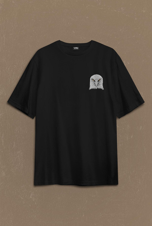 Black Oversize T-shirt Kara Kartal Eagle Tasarım Sırt Ön Baskılı Tişört Unisex T-Shirt