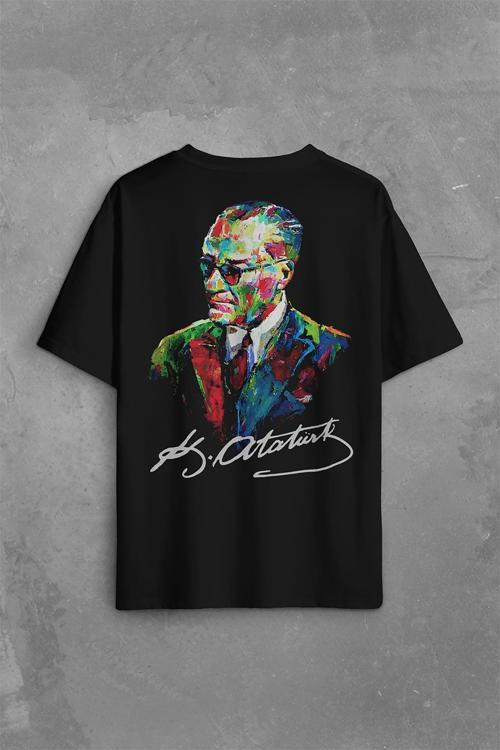 Karizma Gözlüklü Gazi Mustafa Kemal Atatürk Portresi Sırt Ön Baskılı Oversize Tişört Unisex T-Shirt