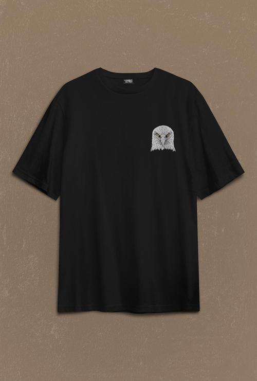 Black Oversize T-shirt Kara Kartal Eagle Tasarım Sırt Ön Baskılı Tişört Unisex T-Shirt