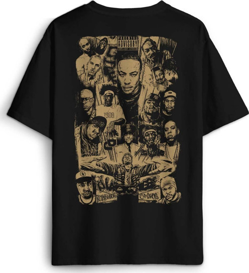 Siyah Oversize Tişört Rap Masters Hip Hop Ustalar Dre 2Pac Eminem Baskılı Unisex T-Shirt
