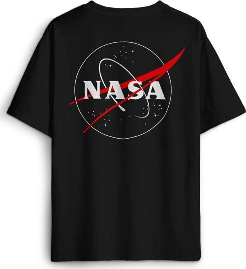 Siyah Tişört Nasa Logosu Uzay Cosmos Sırt Ön Baskılı Oversize Tişört Unisex T-Shirt
