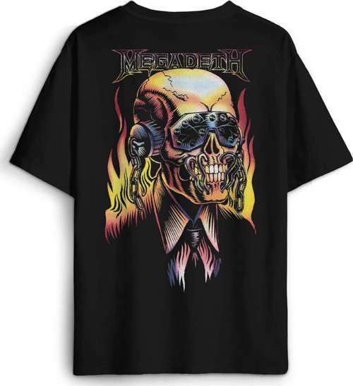 Siyah T-shirt Megadeth Skull Metal Music Sırt Ön Baskılı Oversize Tişört Unisex T-Shirt