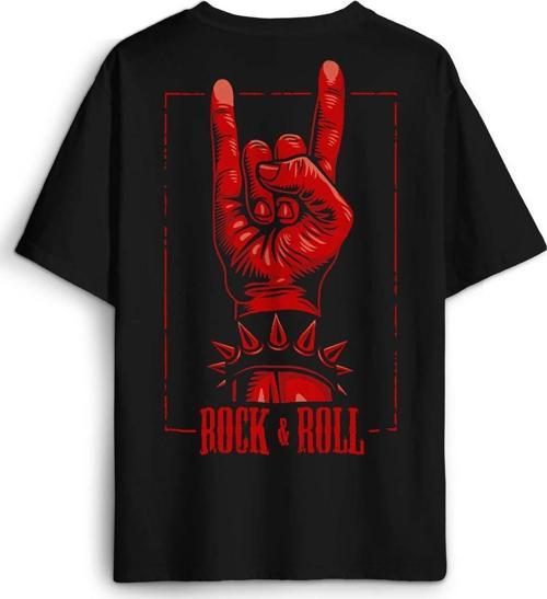Rock'n Roll Music İşareti Rock Metal Müzik Sırt Ön Baskılı Oversize Tişört Unisex T-Shirt