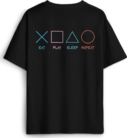 Eat Play Sleep Repeat Gamer Oyun Sırt Ön Baskılı Oversize Tişört Unisex T-Shirt