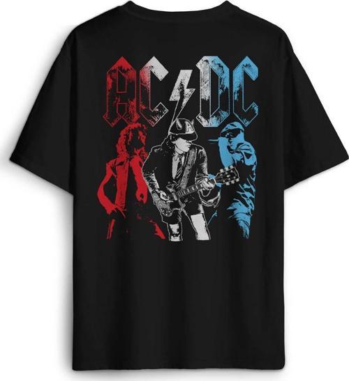 Siyah Tişört Ac Dc Angus ve Malcolm Young Rock Sırt Ön Baskılı Oversize Unisex T-Shirt