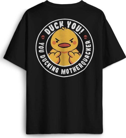 Duck You Ducking Duck Funny Eğlenceli Sarı Civciv Baskılı Oversize T-shirt Siyah Unisex Tişört