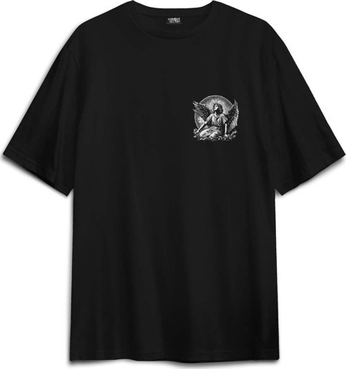 Basklı Oversize T-shirt Saint Gothic Kutsal Melek Angle Siyah Unisex Tişört