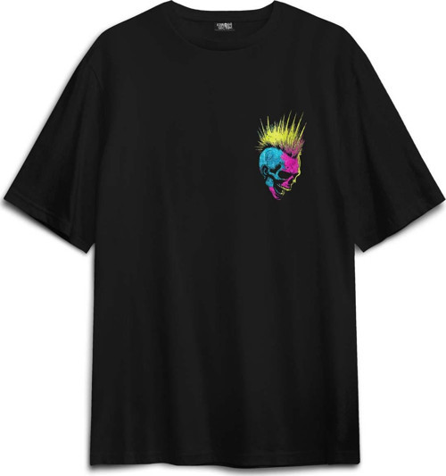 Oversize T-shirt Punk Is Not Dead Guitar Mohawk Rock Music Gitar Skull Baskılı Siyah Unisex Tişört