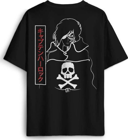Captain Harlock Anime Retro Uzay Korsanı Tshirt Baskılı Oversize T-shirt Siyah Unisex Tişört