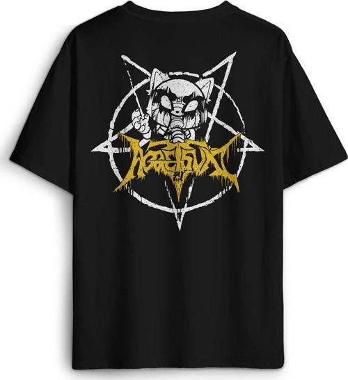 Aggretsuko Agresif Retsuko Gotik Japon Anime Manga Metal Gothic Baskılı Oversize T-shirt Siyah Tişört