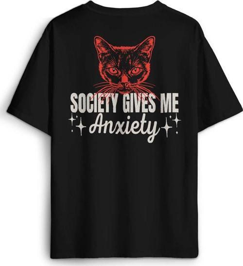 Society Gives Me Anxiety Sosyal Anksiyete Kedi Cat Baskılı Oversize T-shirt Siyah Unisex Tişört
