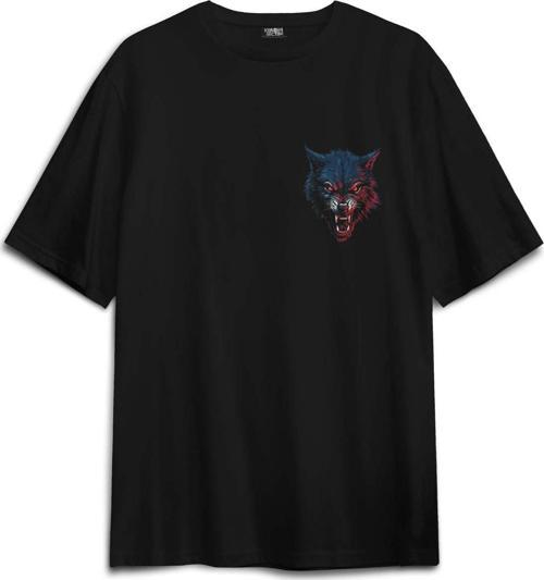 Siyah Oversize Tişört Bordo Mavi Kurt Wolf Red Blue Sırt Ön Baskılı Unisex T-shirt