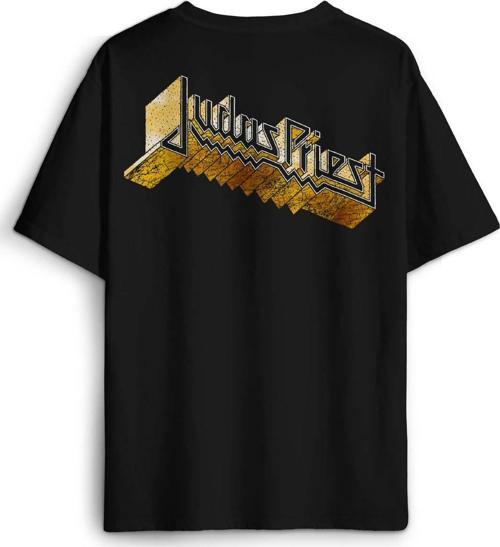 Siyah Oversize Tişört Tişört Judas Priest Heavy Metal Rock Müzik Sırt Ön Baskılı Unisex T-shirt