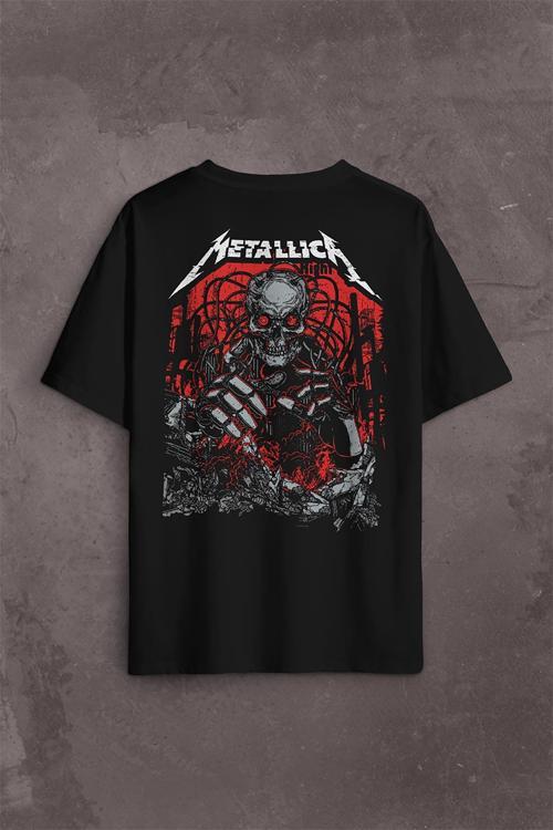 Metallica Rock Music Metal Skull Kuru Kafa James Lars Kırk Robert Sırt Ön Baskılı Oversize Tişört Unisex T-Shirt OVR12S3897