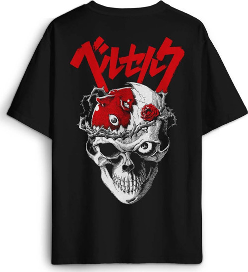 Berserk Anime Kuru Kafa Skull Kılıç Ve Büyü Guts Baskılı Oversize T-shirt Siyah Unisex Tişört