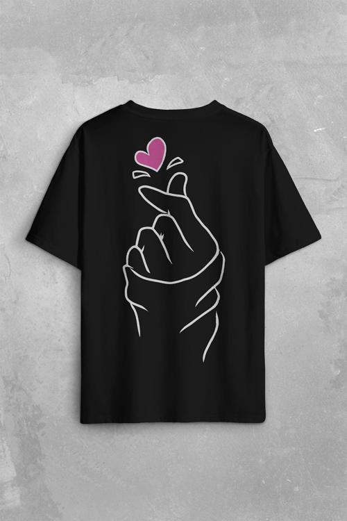 Seni Seviyorum Kore El İşareti Minimal Sırt Ön Baskılı Oversize Tişört Unisex T-Shirt