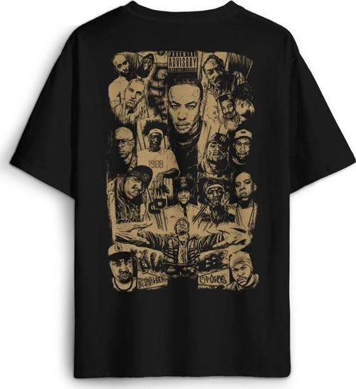 Siyah Oversize Tişört Rap Masters Hip Hop Ustalar Dre 2Pac Eminem Baskılı  Unisex T-Shirt