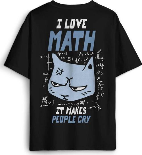 I Love Math Matematik Formül Kedi Baskılı Oversize T-shirt Siyah Unisex Tişört