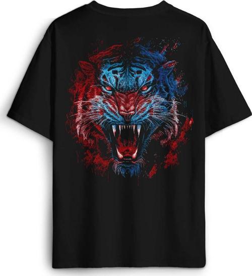 Tiger Bordo Mavi Kaplan Tasarım Baskılı Oversize T-shirt Siyah Unisex Tişört