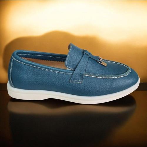Hakiki Deri Maskülen Kadın Loafer Mavi 40