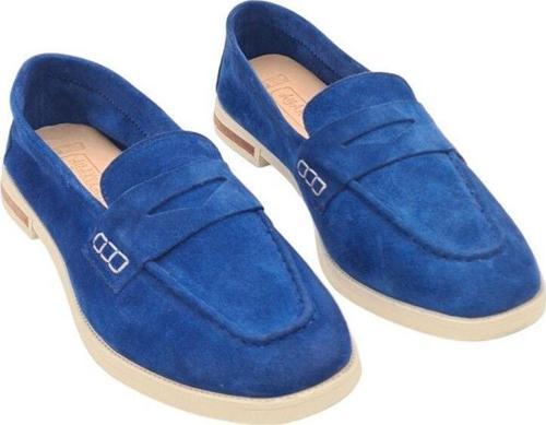 Hakiki Deri Saraçlı Fiyonk Günlük Kadın Ayakkabı Babet Loafer Makosen Mavi 37