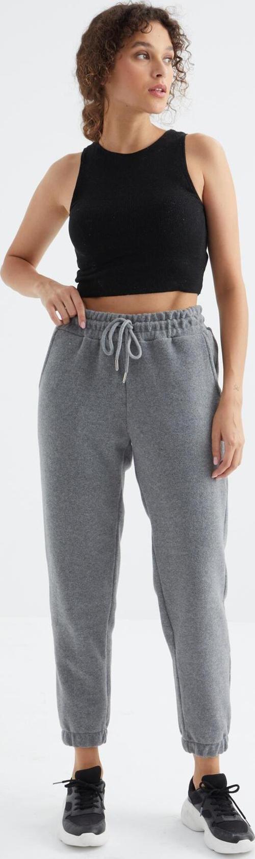 Gri Melanj Yüksek Bel Basic Bağcıklı Jogger Polar Kadın Eşofman Alt - 94622