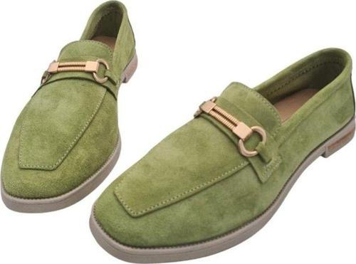 Hakiki Deri Toka Detaylı Süet Kadın Günlük Makosen Loafer Babet Ayakkabı Yeşil 37