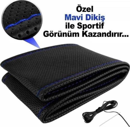 Deri Direksiyon Kılıfı Sarmalı Dikmeli Mavi Dikişli Kokusuz