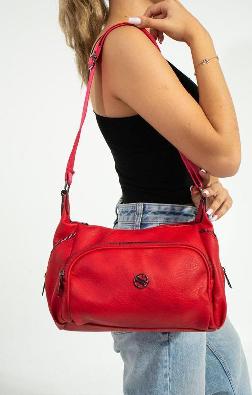 Kadın Çapraz Askılı Kırmızı Çok Gözlü Omuz Çantası